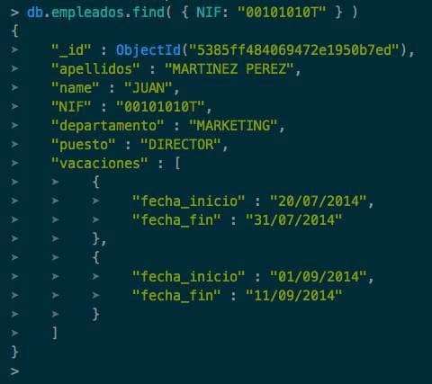 Shell de MongoDB mostrando la entrada de un empleado, la lista de periodos de vacaciones está embebida en esta.